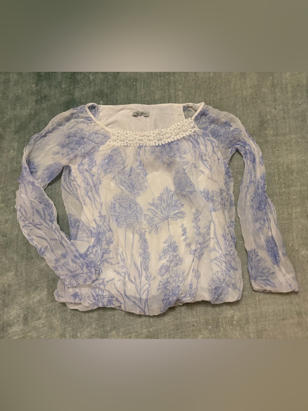 Silk Sheer Long Sleeve Light Blue Floral Lace-Trim Blouse